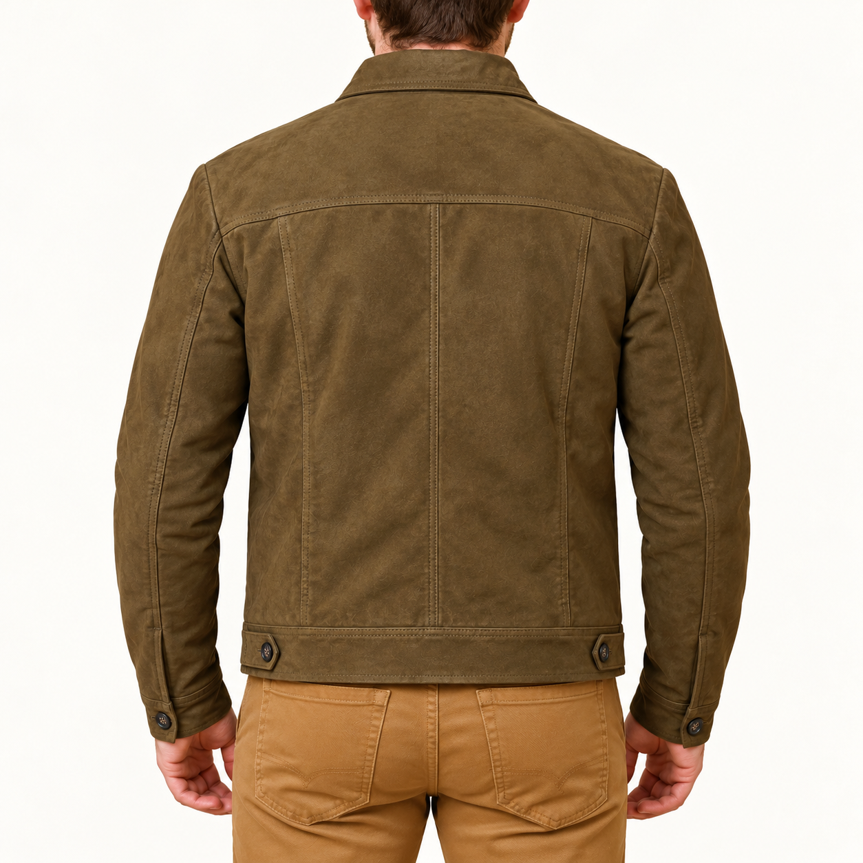 Men's Vintage Olive Brown Suede Leather Trucker Jacket – Classic Button-Front Design Gallery